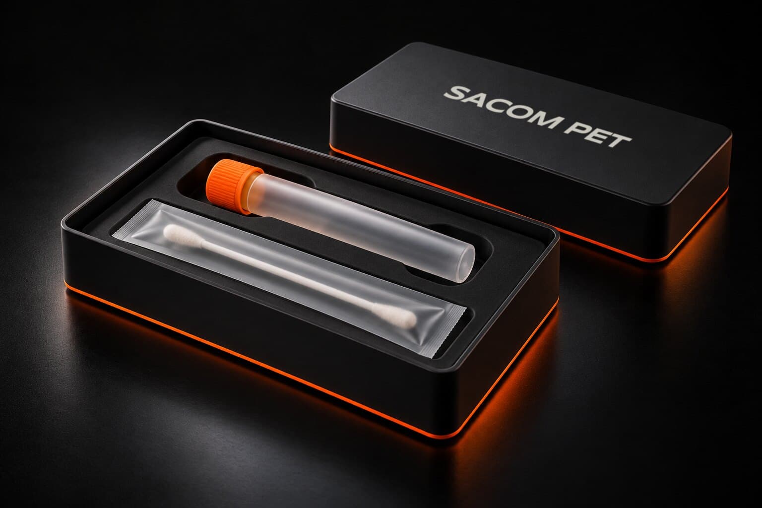 Concept render of a SACOM PET at-home sample kit: black box with the SACOM PET wordmark, sample tube and swab