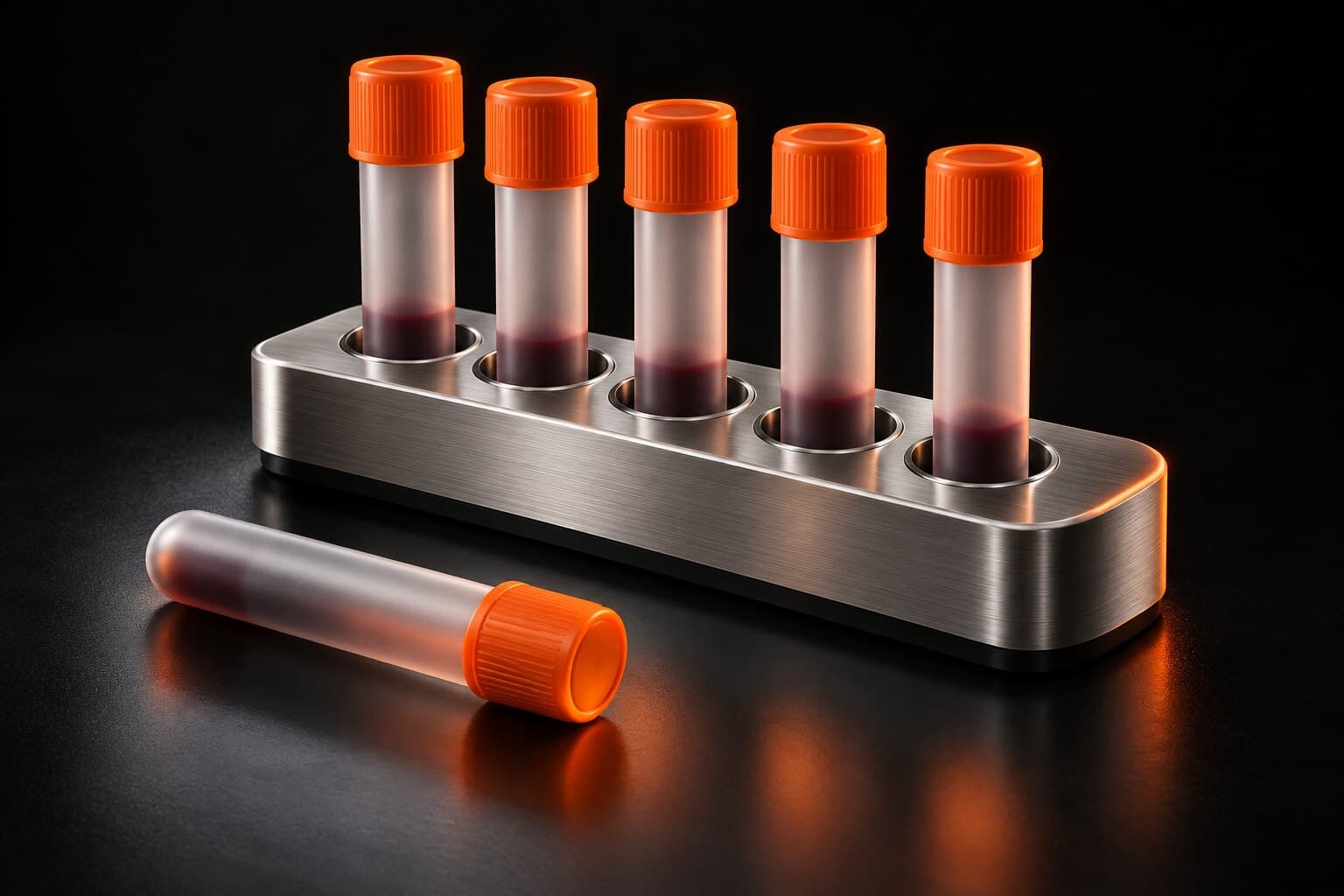 Concept render of frosted sample tubes with orange caps in an aluminum rack