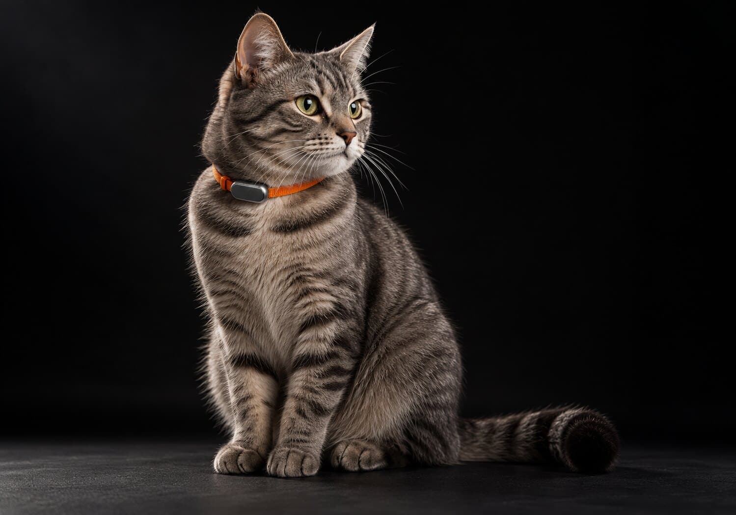 A grey tabby cat wearing a thin orange breakaway collar with a small lightweight sensor
