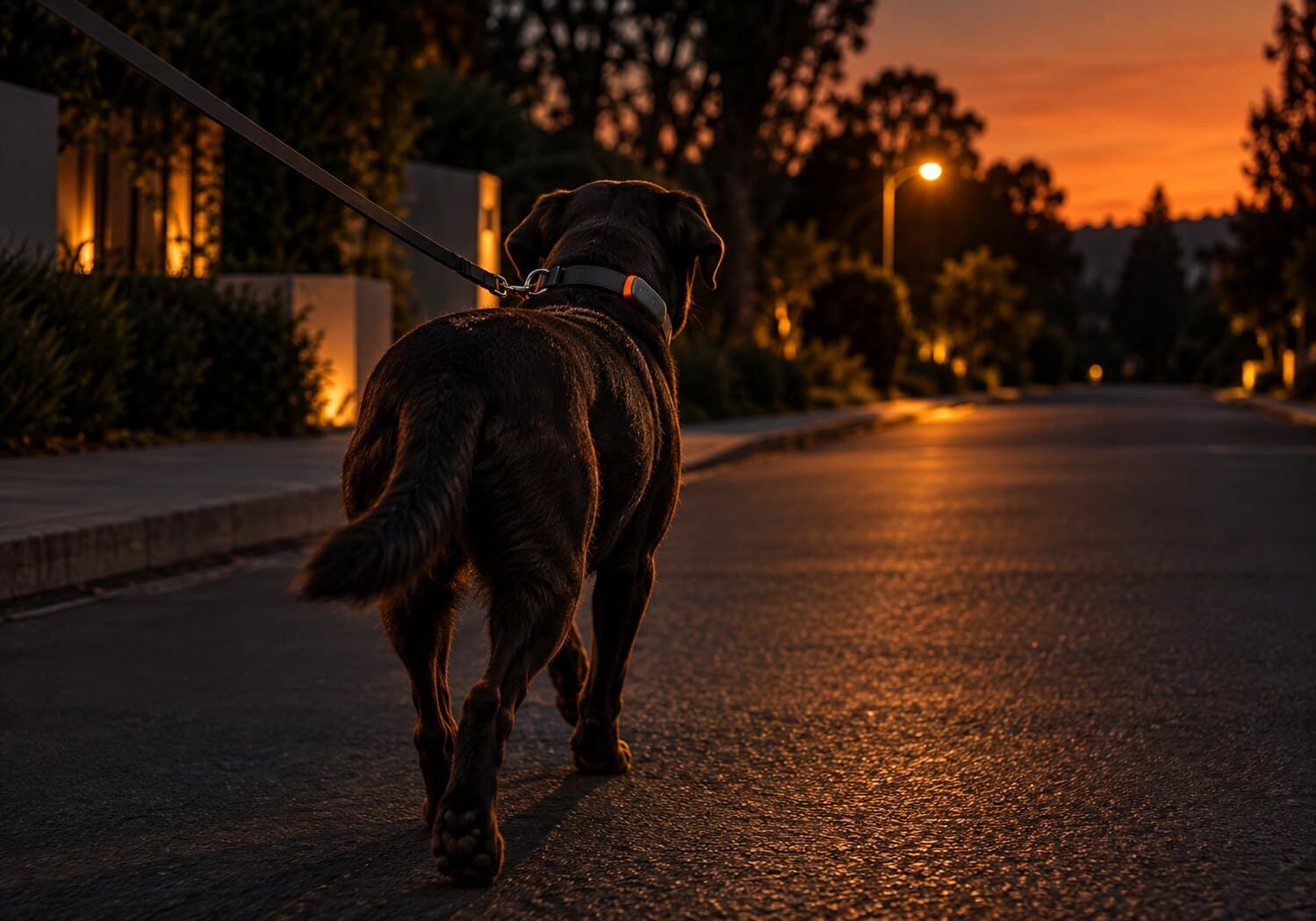 A dog on a leash walking away down a quiet street at dusk under warm orange streetlight