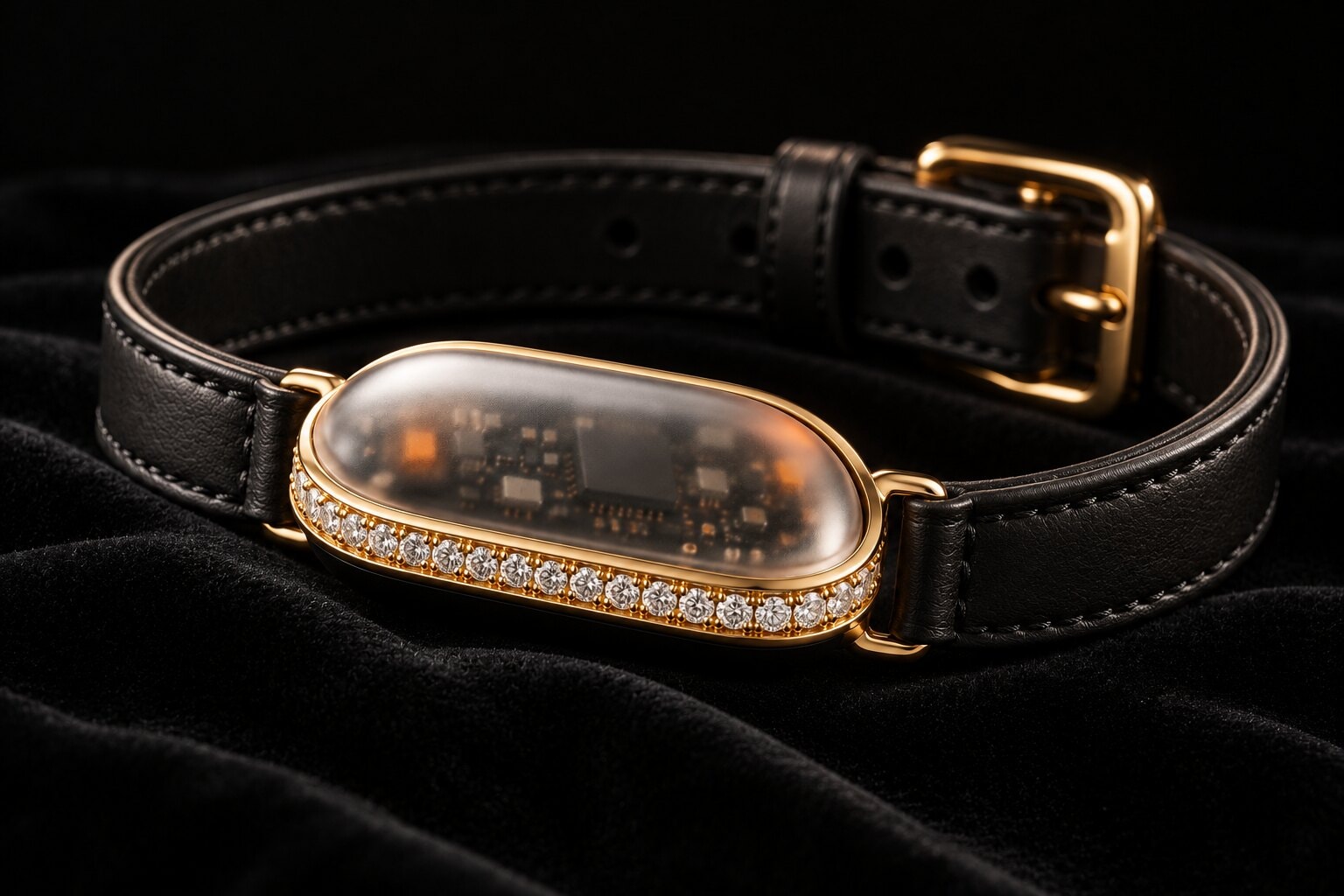 Concept render of Kite Atelier: the Kite sensor set in a gold bezel with lab-grown diamonds on a black leather collar