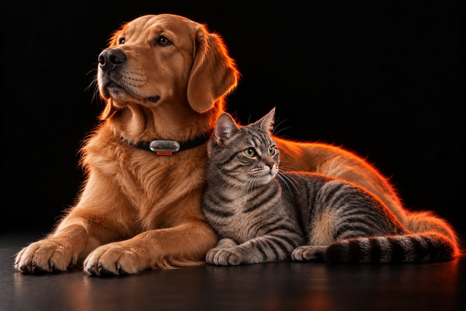 A golden retriever wearing the Kite collar sensor resting with a tabby cat