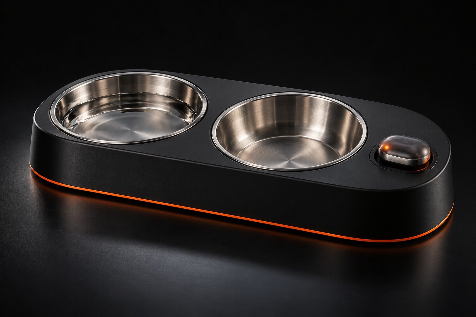 Concept render of Hearth, a home station with two bowls, charging the Kite collar sensor