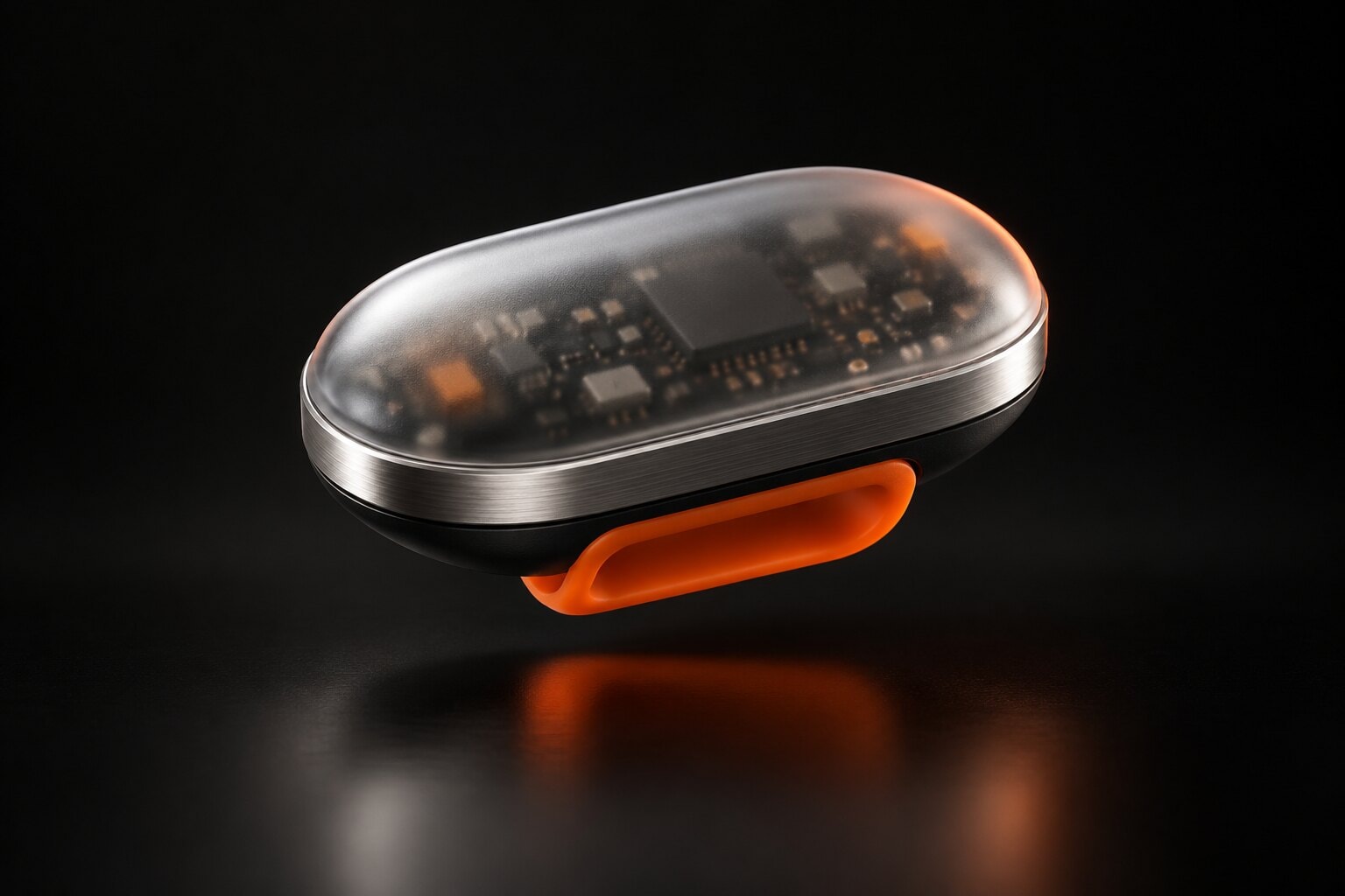 Concept render of Kite, a small pebble-shaped collar sensor with a frosted shell and orange clip